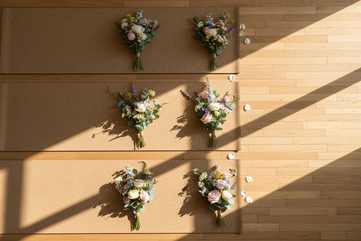 Six floral bouquets arranged on a wooden floor with sunlight casting shadows.