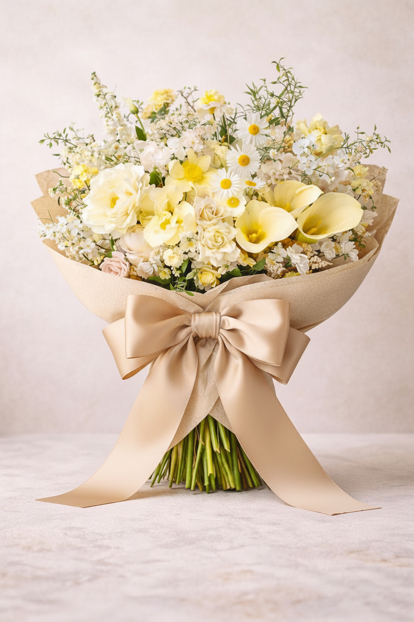 Bouquet of flowers with a beige ribbon on a light background
