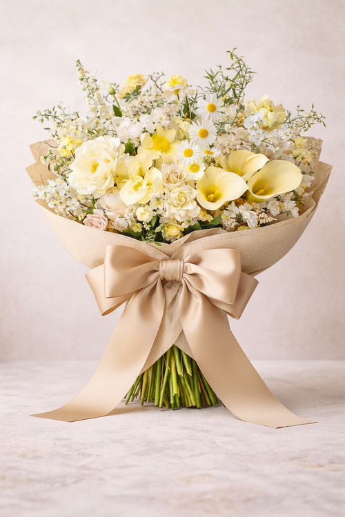 Bouquet of flowers with a beige ribbon on a light background