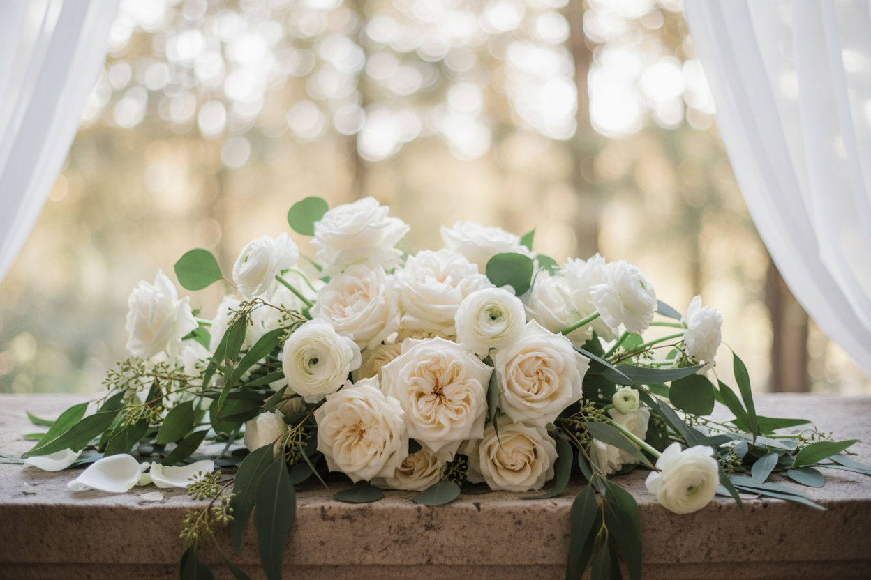 Wedding table top arrangement with soft white roses and eucalyptus