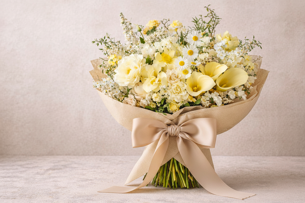 Bouquet of yellow and white flowers wrapped in brown paper with a bow on a light background